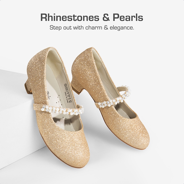 Girls' Rhinestone Mary Jane Low Heels - GOLD GLITTER - 1
